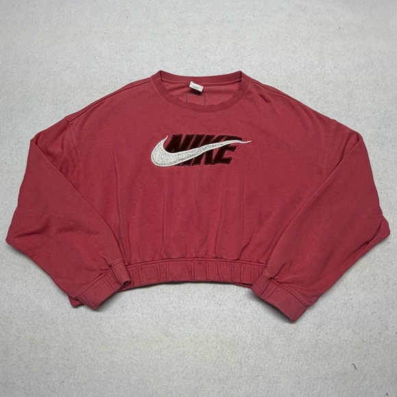 Nike Tops - Nike Cropped Sweatshirt Big Logo Center Swoosh Fleece Pullover Red Pink Women XL